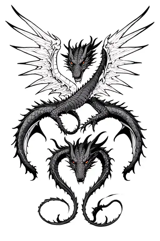 Three Heads Dragon With Pair Of Wing Spread