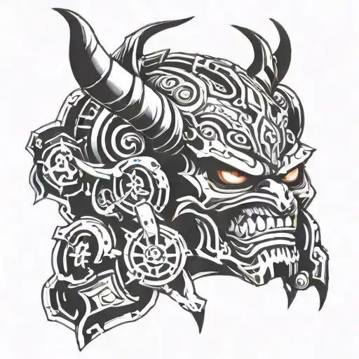 Combine A Traditional Oni Mask With Mechanical Elements To Create A Cyborg Oni