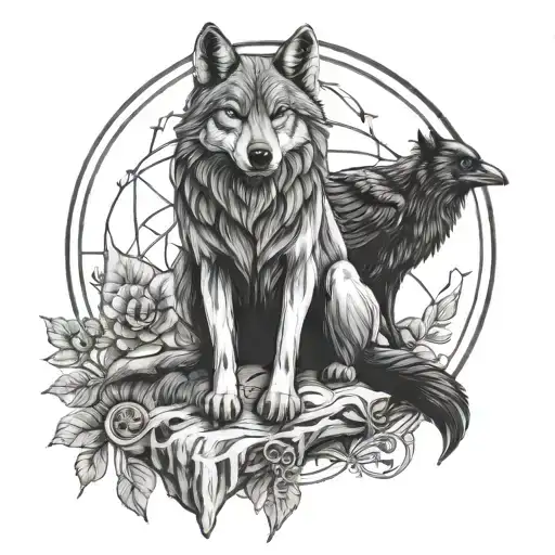 Wolf And Raven Sitting Together