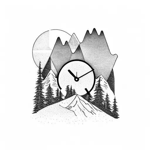 Mountain With Lake And Clock And Wolf
