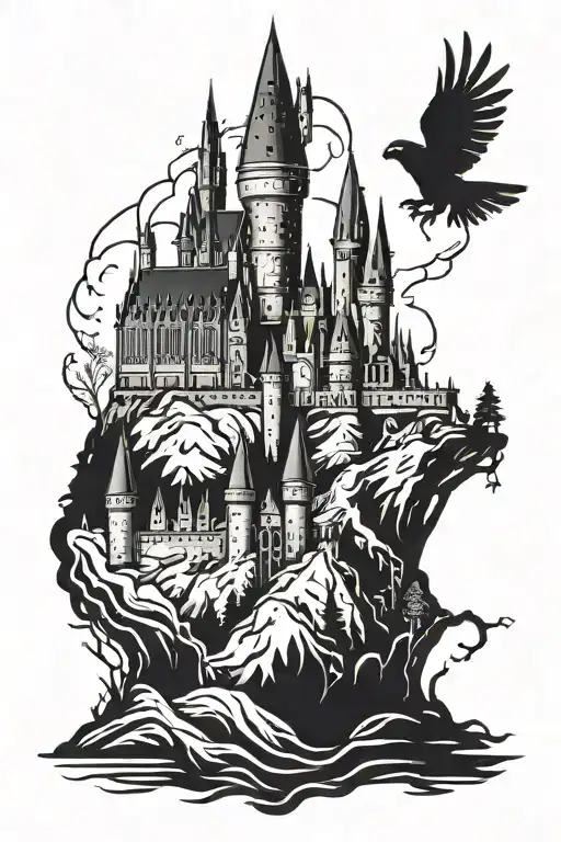 Magical Hogwarts Castle Silhouette With Hidden Harry Potter Symbols Incorporated