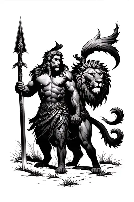 Woods Surrounding Lion And Spartan Holding Sword And Spear