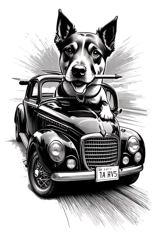 A Blackwork Tattoo Of A Dog Driving A Vintage Car With A Pencil In Its Mouth