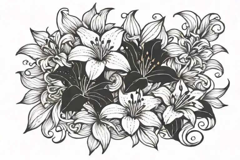Rose And Lillies And Sparks Small Line Art