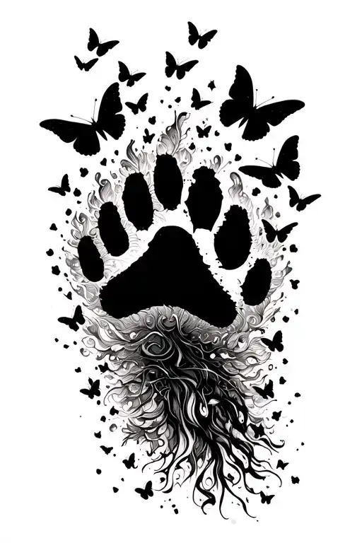 Dog Paw Print With Black Butterflies Flying Around It