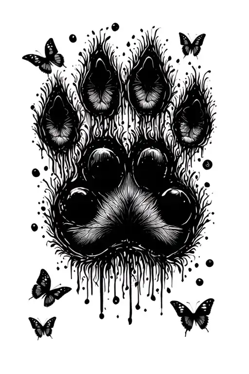 Dog Paw Print With Black Butterflies Flying Around It