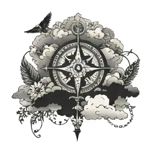 Cross Tattoo With Compass And Clouds Birds Shading