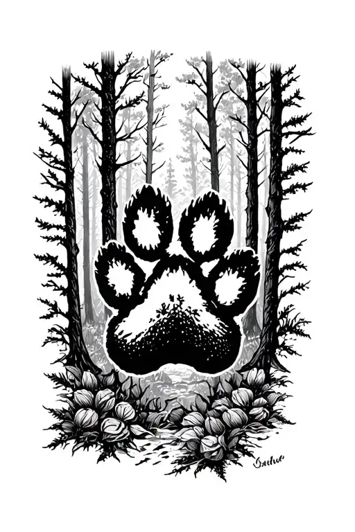 Dog Paw Print Surrounded By A Forest
