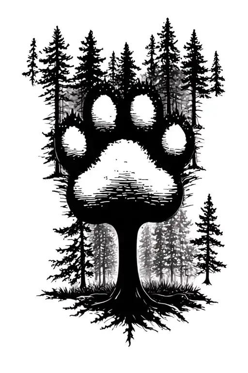 Dog Paw Print Surrounded By A Forest