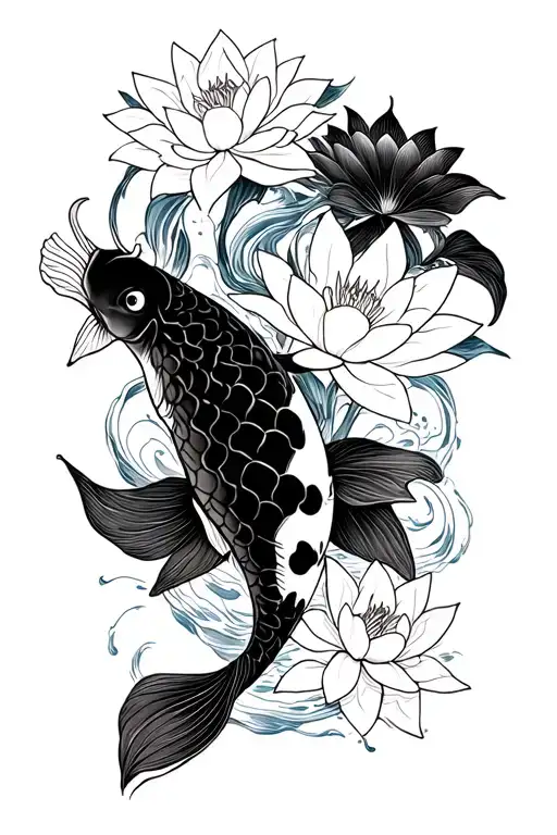 Black Koi With White Lotus Flowers