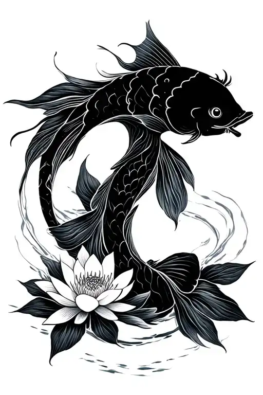 Minimalist Black Koi With White Lotus Flowers