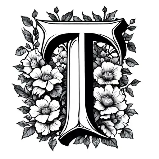 A Blackwork Tattoo Of A Bold And Stylized Letter T Entwined With Vines And Flowers