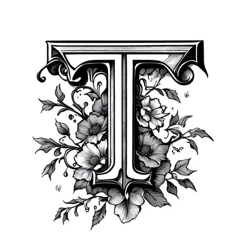 A Blackwork Tattoo Of A Bold And Stylized Letter T Entwined With Vines And Flowers