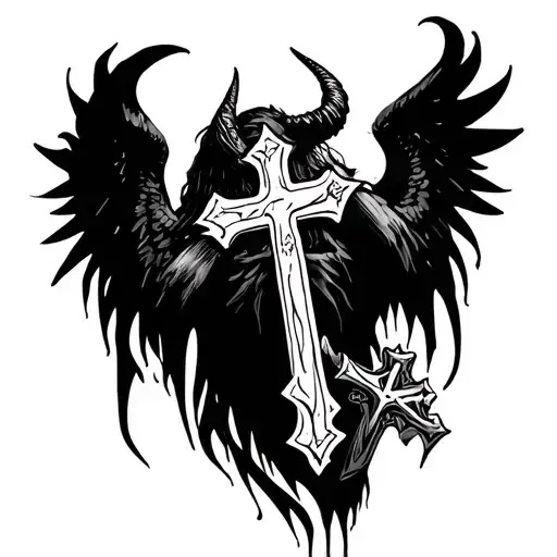 Create A Sketch Of A Tattoo On The Forearm With Crosses And A Devil With Wings In A Gothic Style