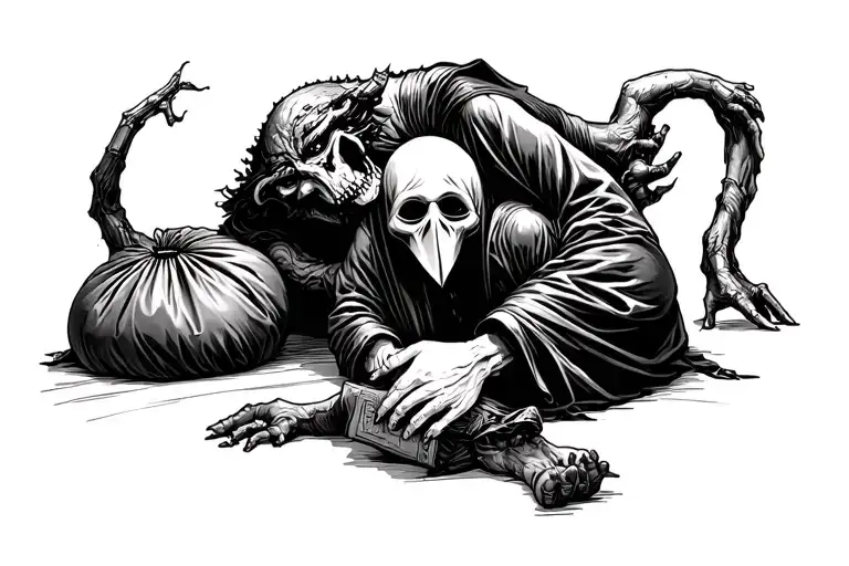 Plague Doctor Tattoo With Body Bags On Floor Hugging A Demon