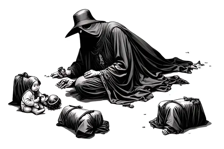 Plague Doctor On Background With Bodybags Of Children On Floor