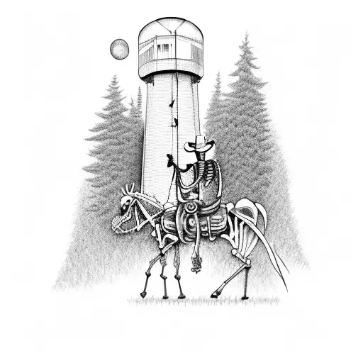 Cowboy Skeleton At A Fire With Forest And Water Tower In Background