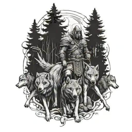 A Fierce Warrior Leading A Pack Of Wolves In A Forest