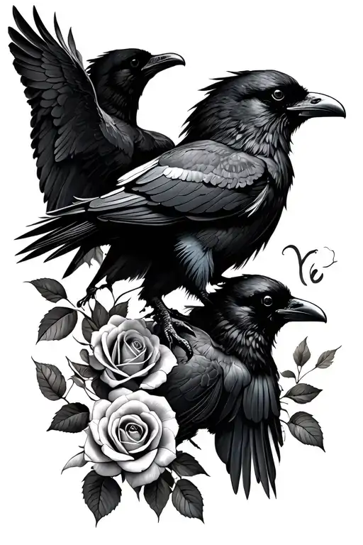 Roses And Ravens Flying Above Them