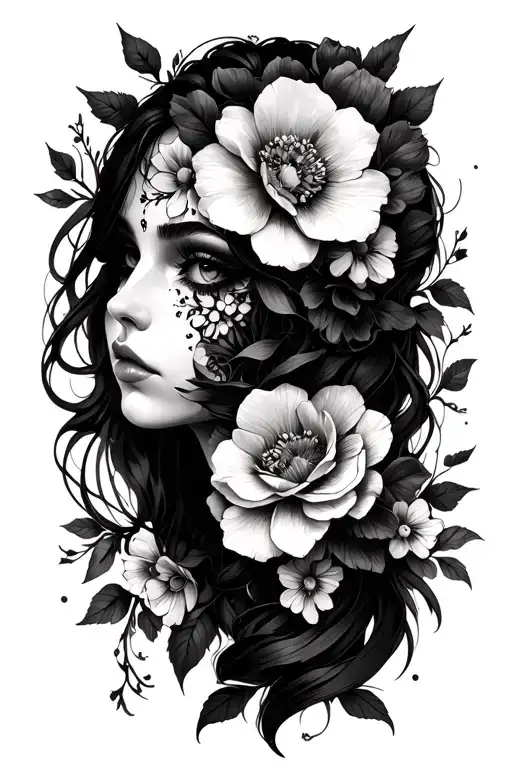 Gothic Woman Face Covered By Flowers Intertwined