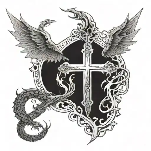 Religious Cross And Dragon Wings Spread