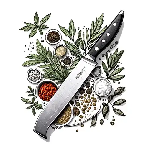 A Chef's Knife Surrounded By Various Cooking Ingredients Like Herbs And Spices