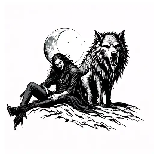 Tattoo Of A Vampire Sitting Under The Moon Next To A Werewolf Under The Sun