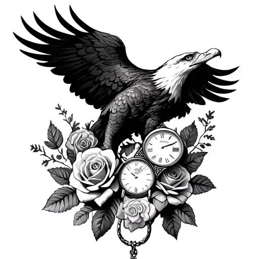 Eagle Holding A Roman Watch With Rose Flowers