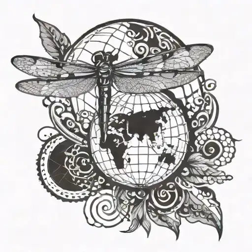 Tribal Tattoo Black And White Of A Dragonfly Catching A Globe