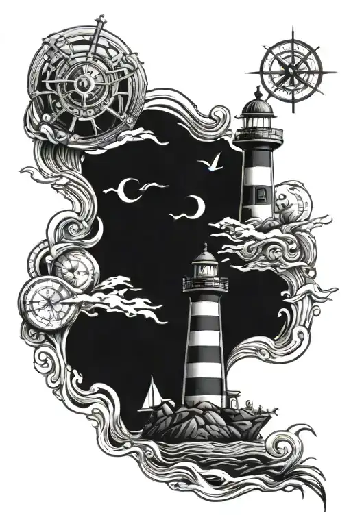 A Sea With Lighthouse With Compass And Anchor