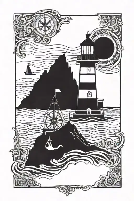A Sea With Lighthouse With Compass And Anchor