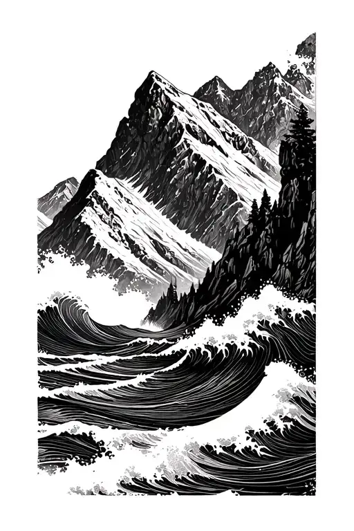 Mountain And Waves Crashing In The Background