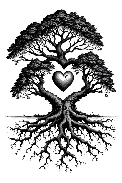 Tree Growing Roots Reaching For A Heart Intertwined