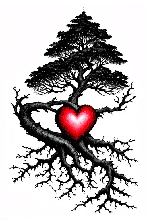 Tree Growing Roots Reaching For A Heart Intertwined