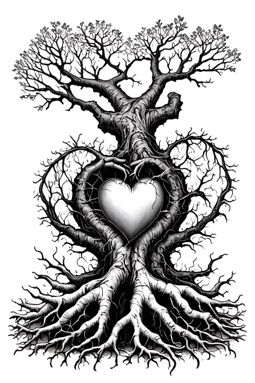 Tree Growing Roots Reaching For A Heart Intertwined