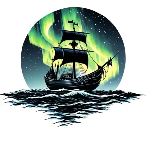 Viking Ship Sailing Under The Northern Lights