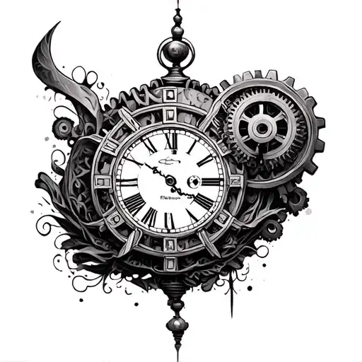 A Surrealistic Clock With Gears In The Middle Of The Clock