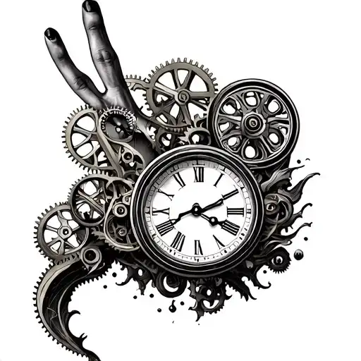 A Surrealistic Clock With Gears In The Middle Finger