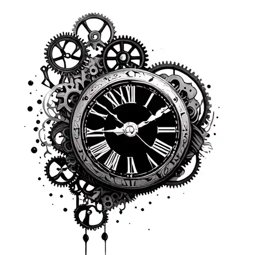 A Surrealistic Clock With Gears In The Middle Surrounded