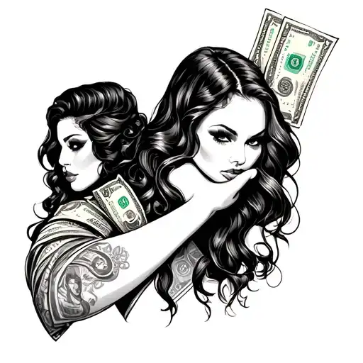 A Gangster Style Full Arm Tattoo With Money And Female Figures