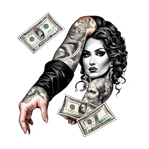 A Gangster Style Full Arm Tattoo With Money And Female Figures