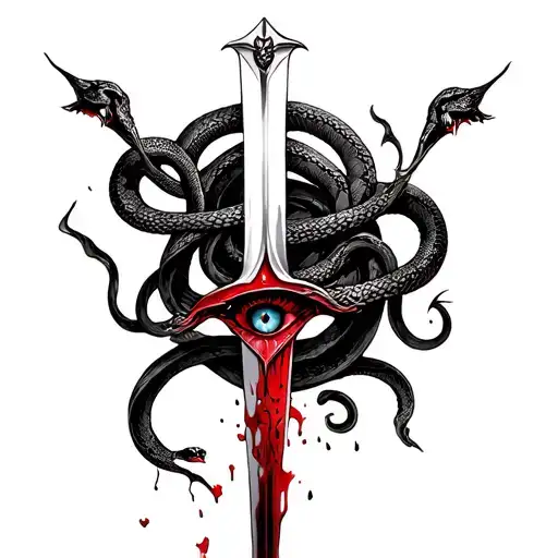 A Complete Sword With Broken Pieces Wrapped With 2 Snakes And One Eye In The Middle With Blood