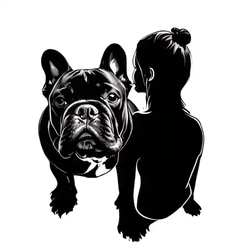 A French Bulldog Sitting With His Female Owner Facing Opposite My Viewpoint