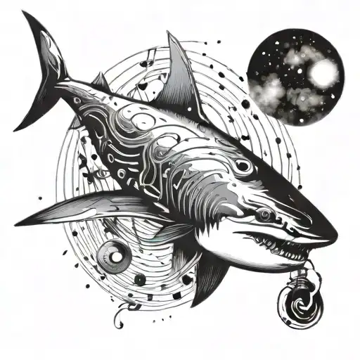 A Futuristic Robotic Shark Swimming Through A Galaxy Filled With Music Notes