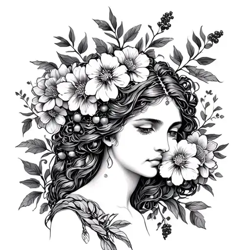 Persephone With Flowers And Pomegranites