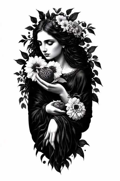 Persephone With Flowers Eating A Pomegrant