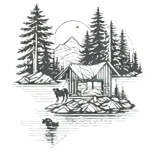 A Geometric Design Incorporating A Silhouette Of A Dog And A Cabin By The Lake