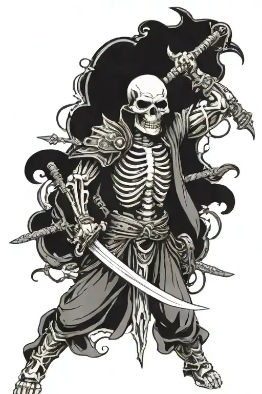 Skeleton Wearing Bottom Half Samurai Mask Wielding A Sword Made From Human Vertebrae