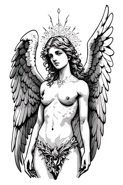 A Tattoo Of An Angel With Open Wings All Muscular Sclesh For Back With A Front View