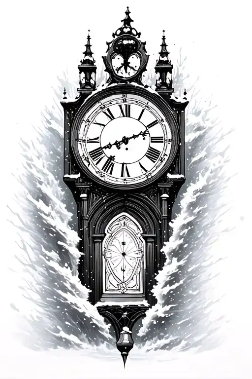 Large Grandfather Clock Surrounded By A Raging Blizzard With Snow Fall